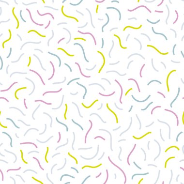 Memphis kusursuz desen. Çizgili, esnek kurdeleler beyaz arka planda soyut renklerle çizilmiş. Moda 80-90 'lar. Tekstil, kumaş ve dijital kağıt için ideal vektör