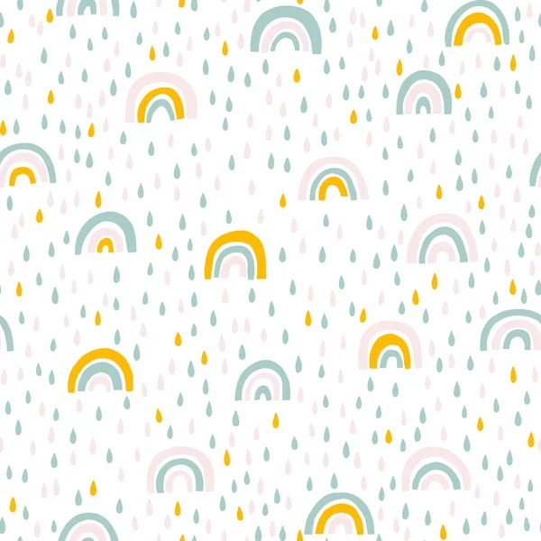 Arco-íris e gotas de chuva padrão sem costura em cores pastel. Baby sScandinavian vetor desenhado à mão ilustração ideal para têxteis e roupas recém-nascidos — Vetor de Stock