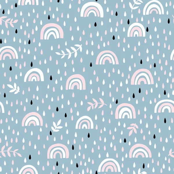 Arco-íris e gotas de chuva padrão sem costura em cores pastel. Baby sScandinavian vetor desenhado à mão ilustração ideal para têxteis e roupas recém-nascidos — Vetor de Stock