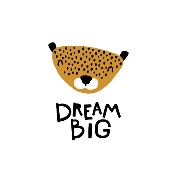 Leopardo Gran Sueño Bonita Cara Animal Con Letras Impresión Infantil — Vector de stock