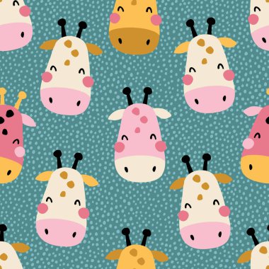 Afrika zürafası. Şirin hayvan yüzlü kusursuz bir desen. Çocuk odası için İskandinav tarzında çocukça bir baskı. Bebek kıyafetleri, iç mekan, ambalaj için. Pastel renklerde vektör karikatür çizimi.