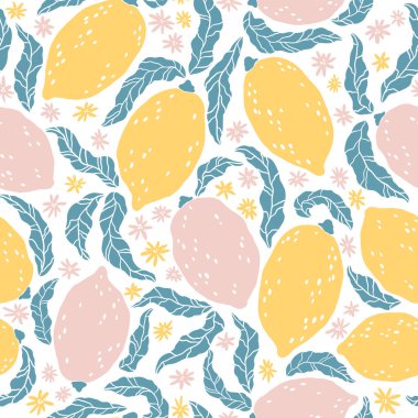 Limon deseni. Elle çizilmiş narenciye ve çiçeklerle kusursuz bir arka plan. Basit düz İskandinav tarzında çizgi film çizimi. Kumaş, tekstil, ambalaj, mutfak tasarımı için ideal.