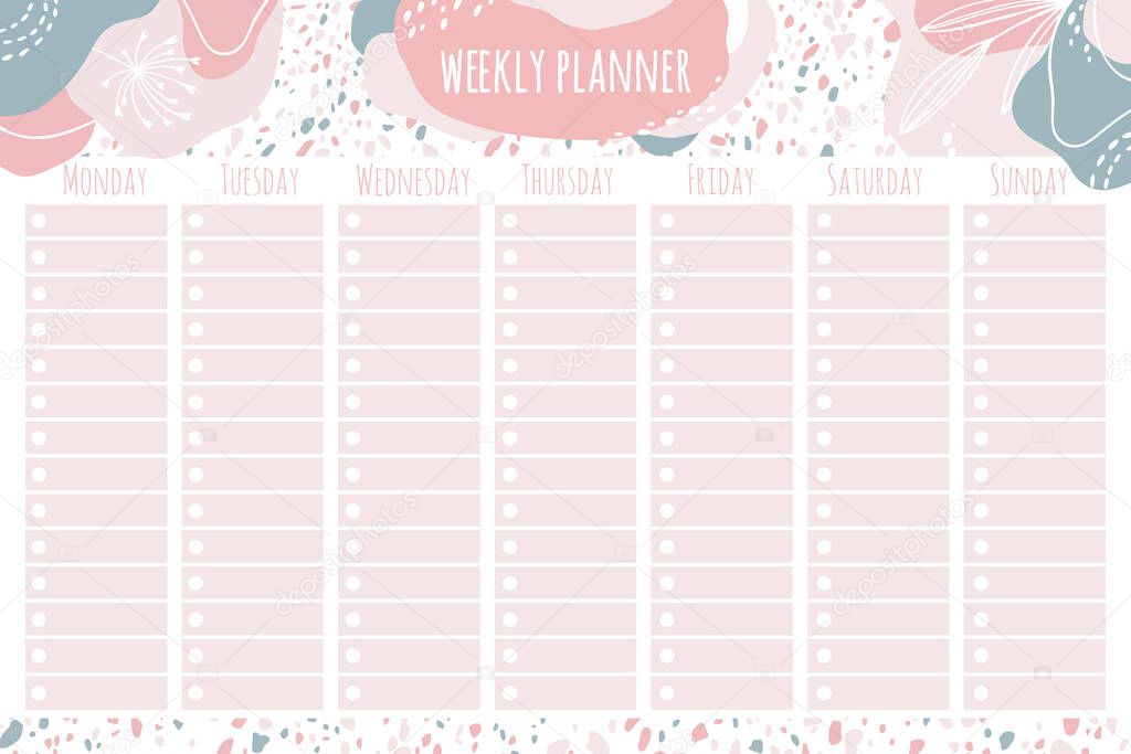 Weekly planner. Templates for notes, to do and buy lists. Organizer, planner, schedule for your design. Abstract vector background in trendy modern hand-drawn style. Pastel Palette.
