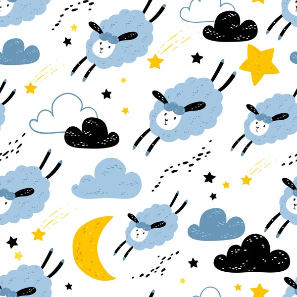 Vector Seamless Pattern Cute Sheep Moon Clouds Night Nursery Background — Stock Vector