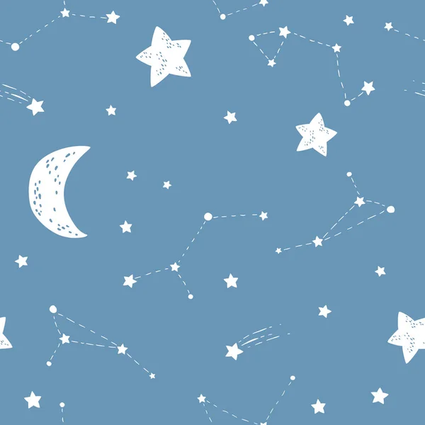星空保育園シームレスパターン 青い背景に星や星座と月 漫画風のベクトルシンプルで子供っぽい手描きの背景 — ストックベクタ