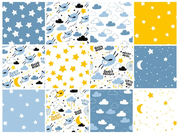 Colección Vector Patrón Sin Costura Con Lindas Nubes Luna Oveja — Vector de stock