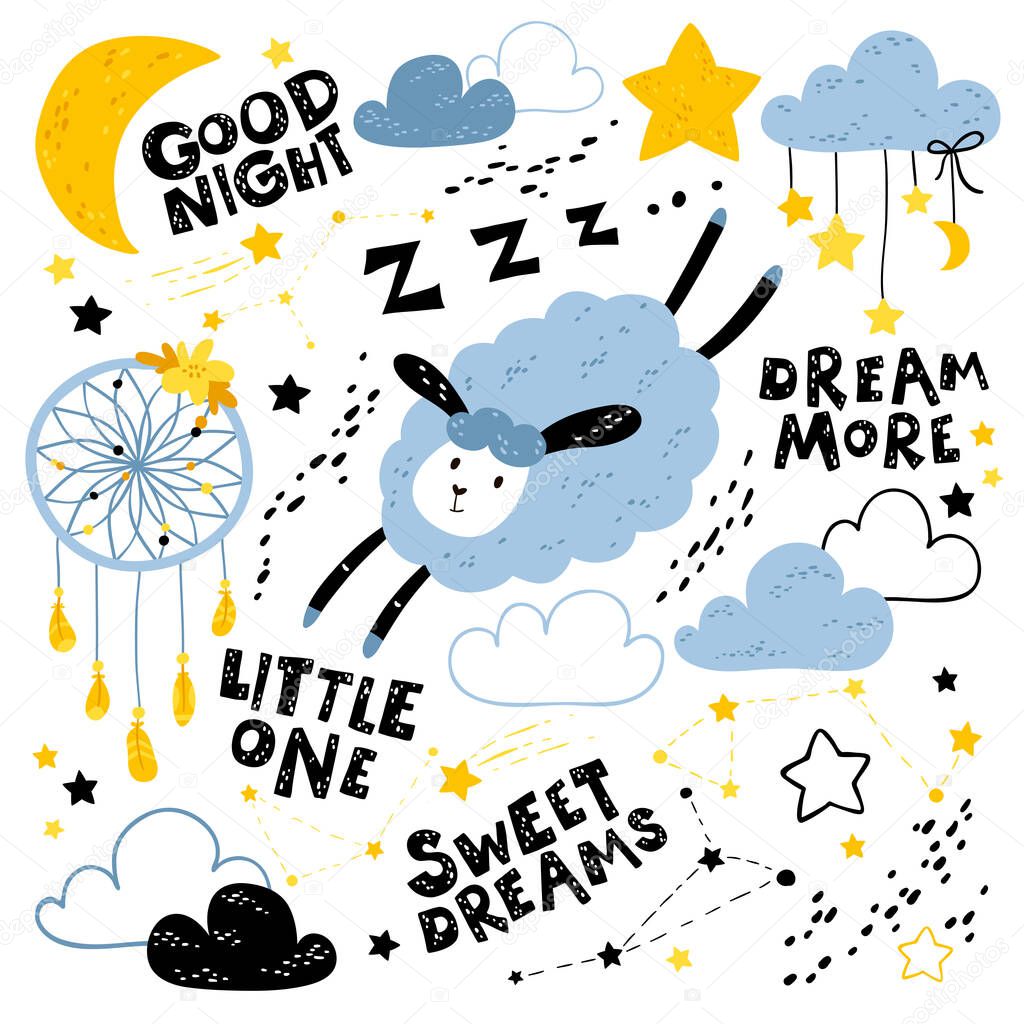 Vector nursery kids set with cute sheep, clouds, stars, moon, constellations and black inscriptions. Good night, sweet dreams, dream more, little one.