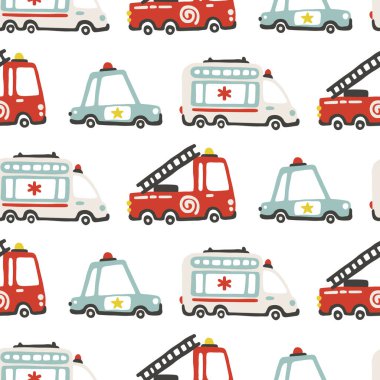 Kurtarma ekiplerinin arabaları kusursuz. Basit İskandinav el çizimi tarzında çocukça bir illüstrasyon. Sınırlı palet bebek kıyafetleri ve dijital kağıt basmak için idealdir.