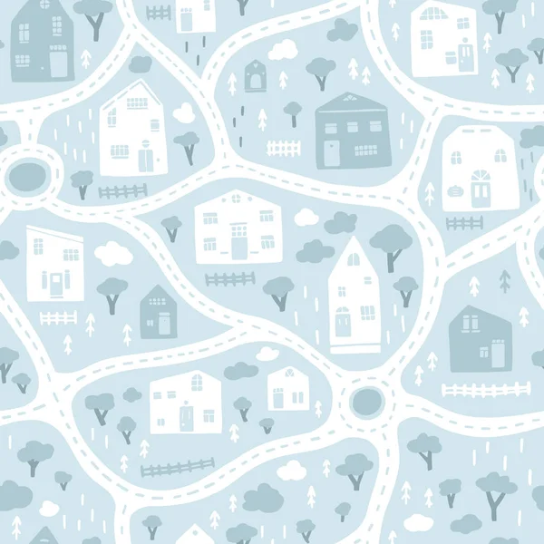 Χάρτης Baby City Δρόμους Και Κτίρια Διάνυσμα Χωρίς Ραφή Μοτίβο — Διανυσματικό Αρχείο