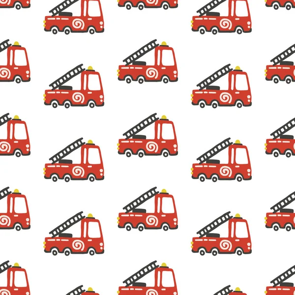 Servicios de rescate. Patrón inconsútil de coches de bomberos. Ilustración infantil vectorial en estilo escandinavo simple dibujado a mano. La paleta limitada es ideal para imprimir en ropa de bebé, papel digital — Vector de stock