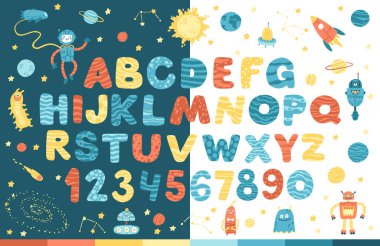 Çizgi film stili uzay alfabesi. Vektör komik harfler ve sayılar. Beyaz ve koyu arka planda harika görünüyor. Çocuklar için modern illüstrasyon, bebek odası, poster, kart, doğum günü partisi, bebek tişörtü.