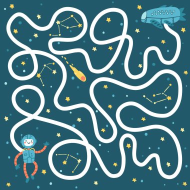 Uzay Eğitimsel Labirent Oyunları, oyunlar için uygun, kitap baskısı, uygulamalar, eğitim. Astronotun uzay gemisine dönmesine yardım et. Karanlık bir arkaplanda komik vektör basit karikatür çizimi.
