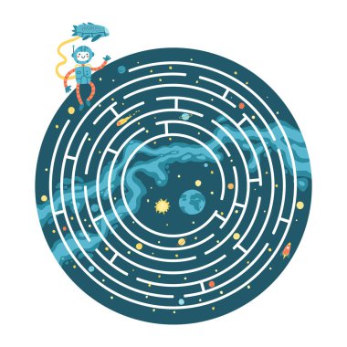 Uzay Eğitimsel Labirent Oyunları, oyunlar için uygun, kitap baskısı, uygulamalar, eğitim. Astronotun Dünya 'ya dönmesine yardım et. Karanlık bir arkaplanda komik vektör basit karikatür çizimi.