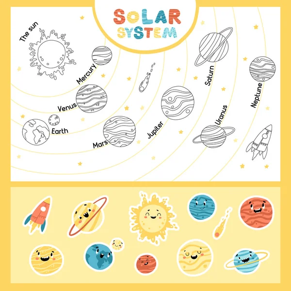 Solar System Educational Childish Game Stickers Sun Nine Planets Sequence — Stock Vector