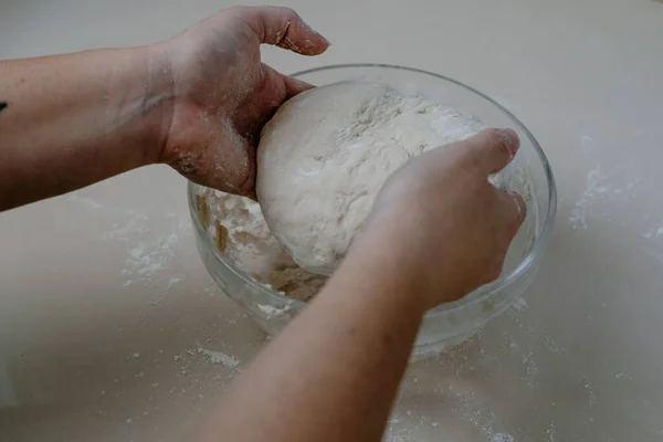 Hands Preparing Loaf Homemade Knead Bread Dough — Stock Photo, Image