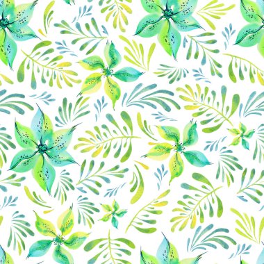 Beyaz arka planda yaprakların ve muhteşem çiçeklerin havadar deseni