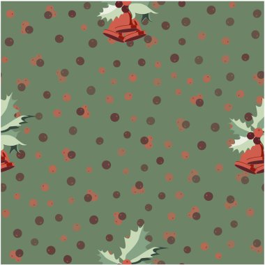 Yeşilde kusursuz vektör deseni. Noel süslemeleri ve kutsal meyveler.