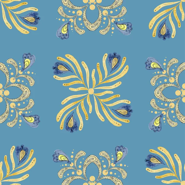 Adorno oriental sobre fondo azul. patrón sin costuras de hojas amarillas sobre un fondo azul —  Fotos de Stock