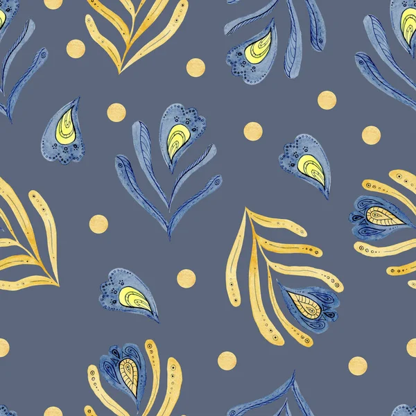 Adorno oriental sobre fondo azul. patrón sin costuras de hojas amarillas sobre un fondo azul —  Fotos de Stock