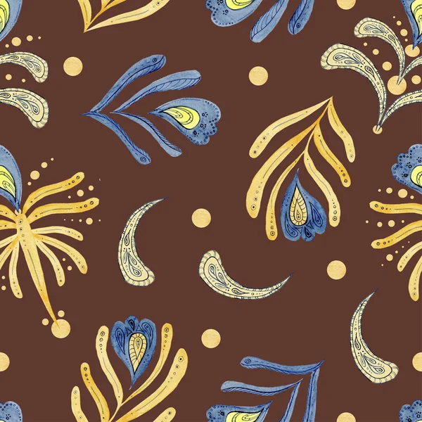 Patrón sin costuras de hojas amarillas y azules sobre un fondo oscuro. ornamento oriental . —  Fotos de Stock
