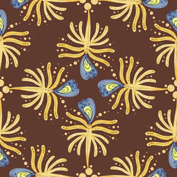 Padrão sem costura de folhas amarelas e azuis em um fundo escuro. ornamento oriental . — Fotografia de Stock