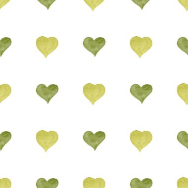 Beyaz arka planda yeşil kalplerin kusursuz suluboya desenleri. Doğanın sevgisi
