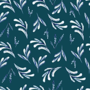 Karanlık bir arka planda dikişsiz yapraklar ve dikenli dikenler. Kumaş, duvar kağıdı, arkaplan