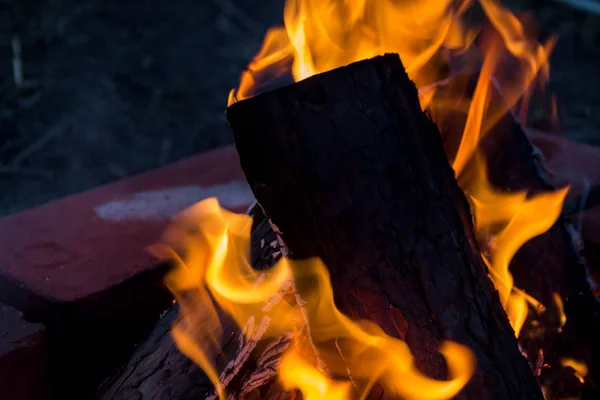 Das Feuer Wurde Mit Brennholz Entzündet Rote Und Gelbe Flammen — Stockfoto