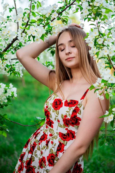 Omsk Rússia Maio 2020 Menina Delgada Jovem Árvores Maçã Uma — Fotografia de Stock