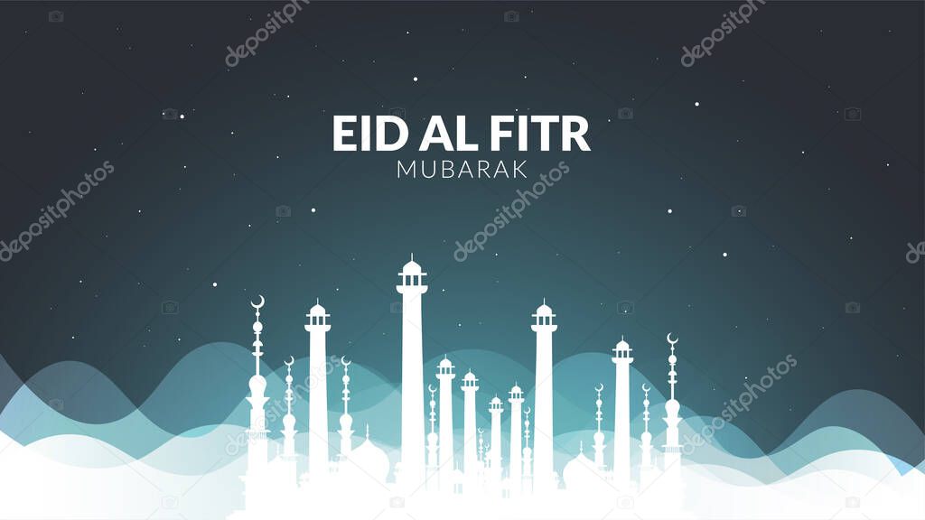 Happy Eid Mubarak Design with White Mist and Starry Sky