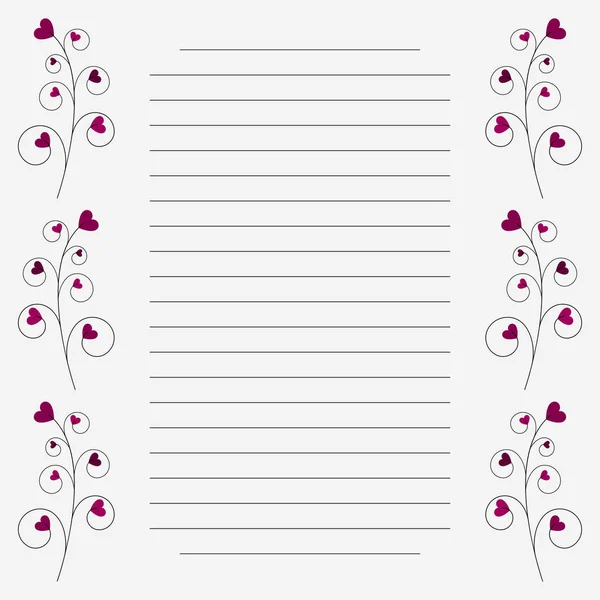 The romantic note page with floral frame, with heart. — Stock Vector