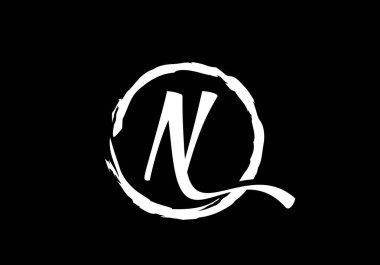 Siyah zemin üzerinde fırça çemberinde N harfi, Monogram el yazısı alfabesinin baş harfleri ve fırça çemberi çizilmiş..