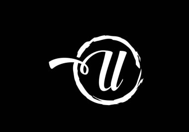 Senaryo U harfi siyah arkaplan üzerinde bir fırça çemberinde, Monogram el yazısı alfabesinin baş harfleri ve fırça çemberi çizilmiş..