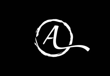 Siyah zemin üzerinde bir fırça çemberinde A harfi, Monogram el yazısı alfabesinin baş harfleri ve fırça çemberi çizilmiş..