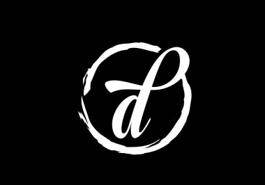 Siyah arkaplan üzerindeki fırça çemberinde D harfi, Monogram el yazısı alfabesinin baş harfleri ve fırça çemberi çizilmiş..