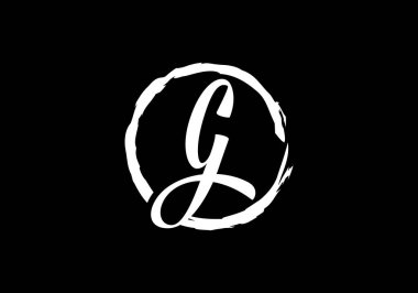 Siyah zemin üzerinde fırça çemberinde G harfini betik harfi, Monogram el yazısı alfabesinin baş harfleri ve fırça çemberi çizilmiş..