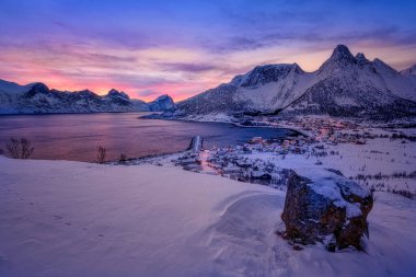 Gulf, bay, Sand beach with a huge surf in Mefjord in sunset