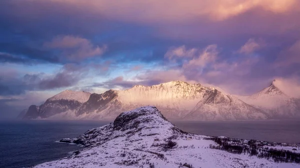Mefjord and mountain in Northern Norway in sunset — Stok fotoğraf