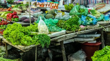 Tipik Vietnam yemekleri ve taze sebzeli bölgesel sağlıklı yemekler.