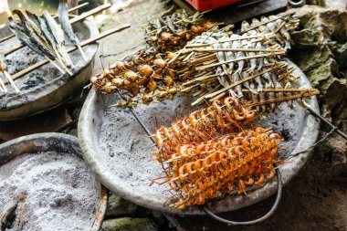 Tipik Vietnam yemekleri ve pişirilmiş kerevit, küçük balık ve yengeçli bölgesel sağlıklı yemekler.