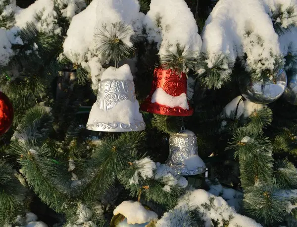 Três Sinos Multi Coloridos Pendurar Uma Árvore Natal — Fotografia de Stock