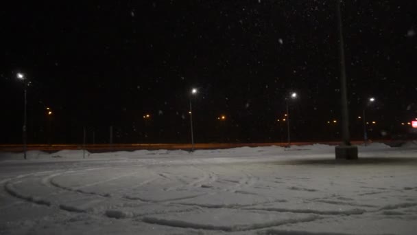 Hermosa Nieve Cae Cerca Las Luces Noche — Vídeo de stock