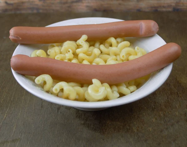 Two Sausages Pasta Lie Plate — Stock Photo, Image