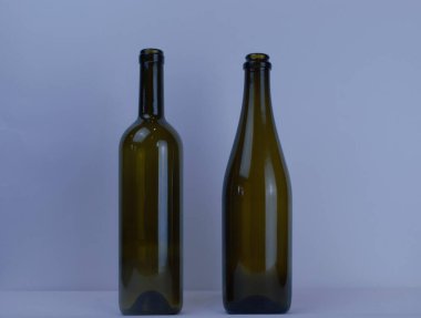 Mavi arka planda iki şişe şarap ve şampanya standı.