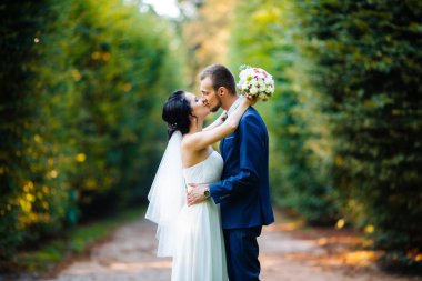 Kucaklayan ve birbirlerini öpmeye gelin