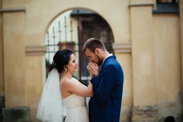 A noiva beija a mão de seu amado — Fotografia de Stock