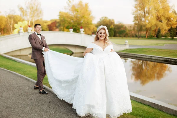 Şık güzel mutlu gelin ve damat, düğün kutlamaları — Stok fotoğraf