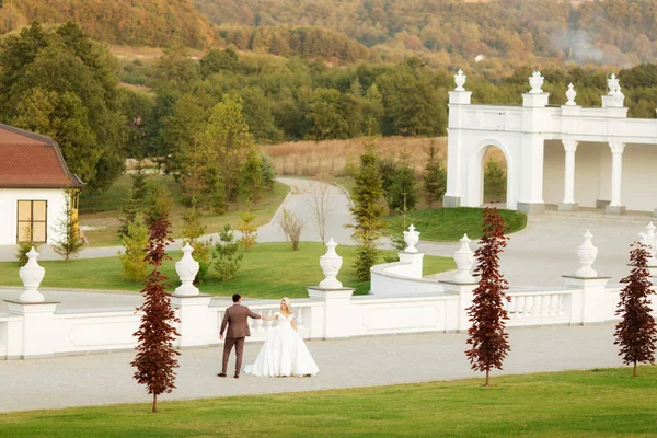 Stílusos, szép, boldog menyasszony és a vőlegény, esküvői rendezvények — Stock Fotó