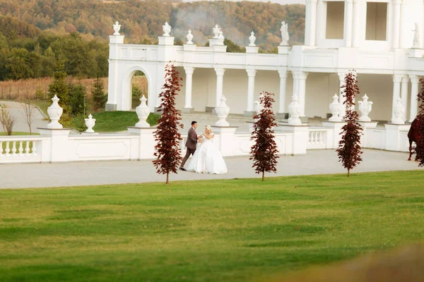 The bride and groom walk together in the park. Charming bride in a white dress, the groom is dressed in a dark elegant suit — 스톡 사진