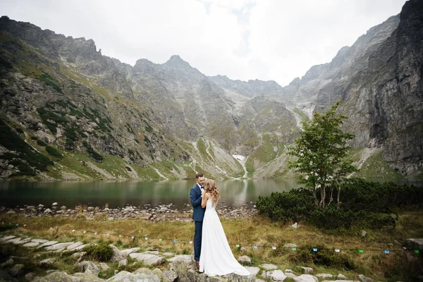 Krásný mladý svatební pár ženich a nevěsta stojící na zeleném svahu, kopec. Západ slunce v Karpat — Stock fotografie